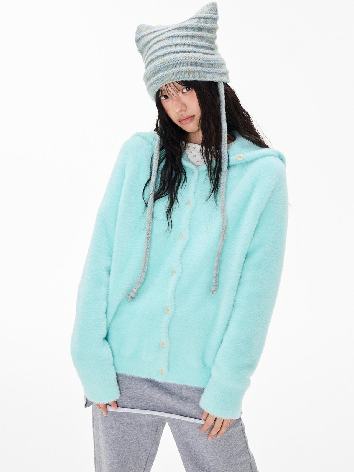 EZEK Faux Mink Color Block Button Knit Hooded Women's Cardigans