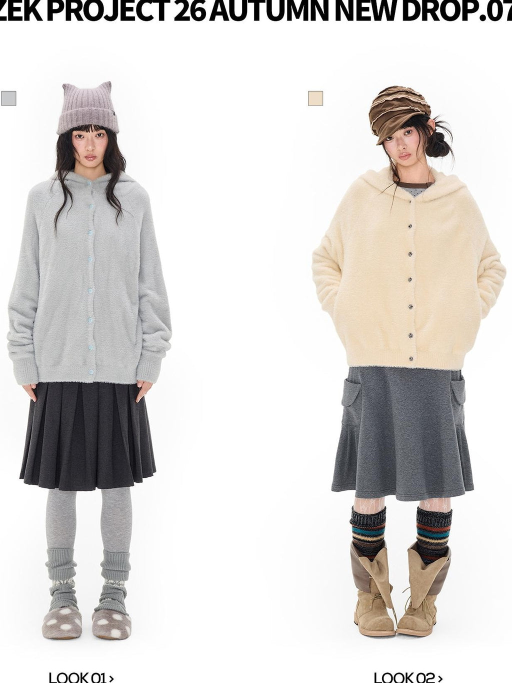 EZEK Faux Mink Color Block Button Knit Hooded Women's Cardigans