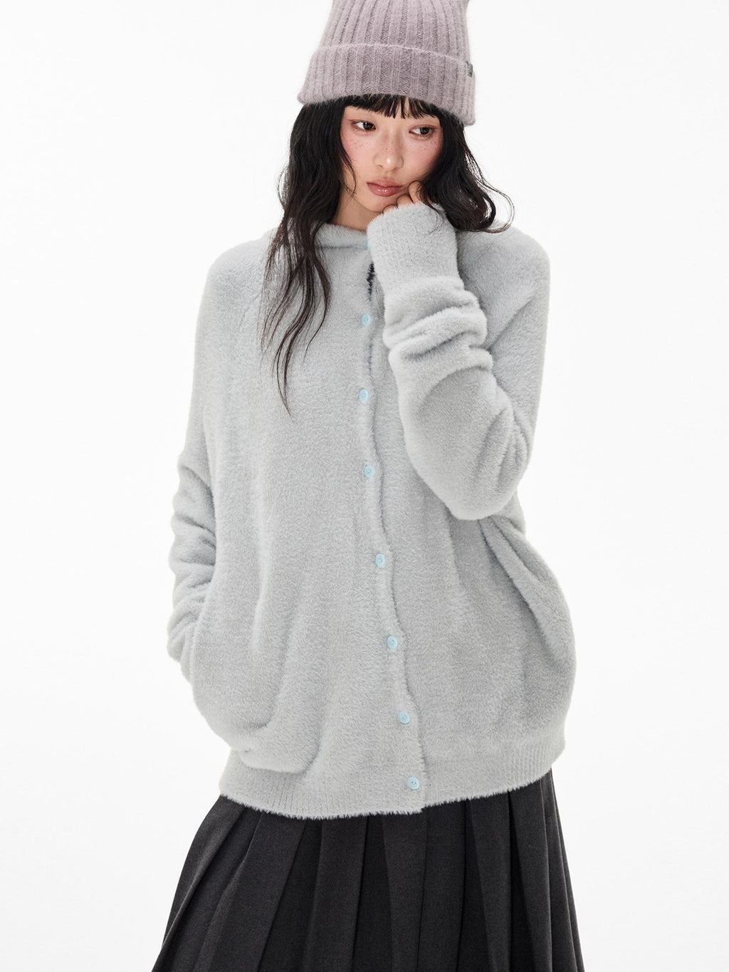EZEK Faux Mink Color Block Button Knit Hooded Women's Cardigans