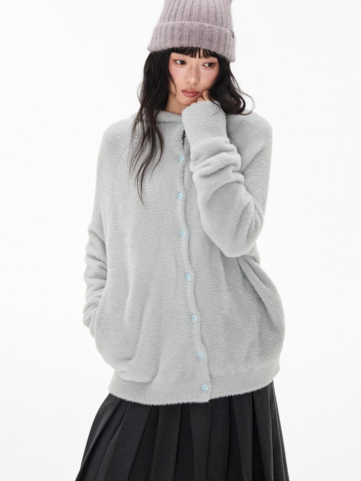 EZEK Faux Mink Color Block Button Knit Hooded Women's Cardigans