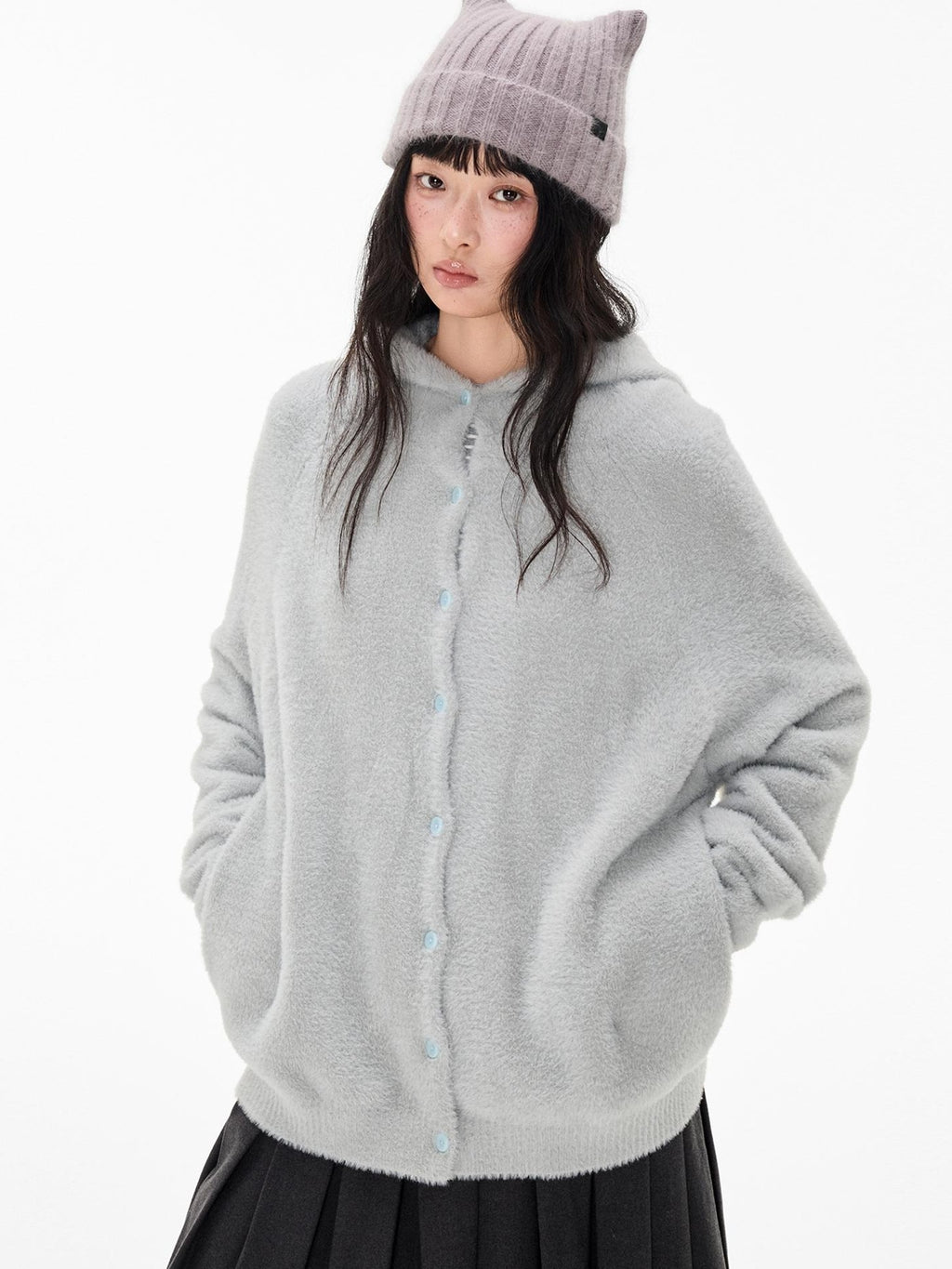 EZEK Faux Mink Color Block Button Knit Hooded Women's Cardigans