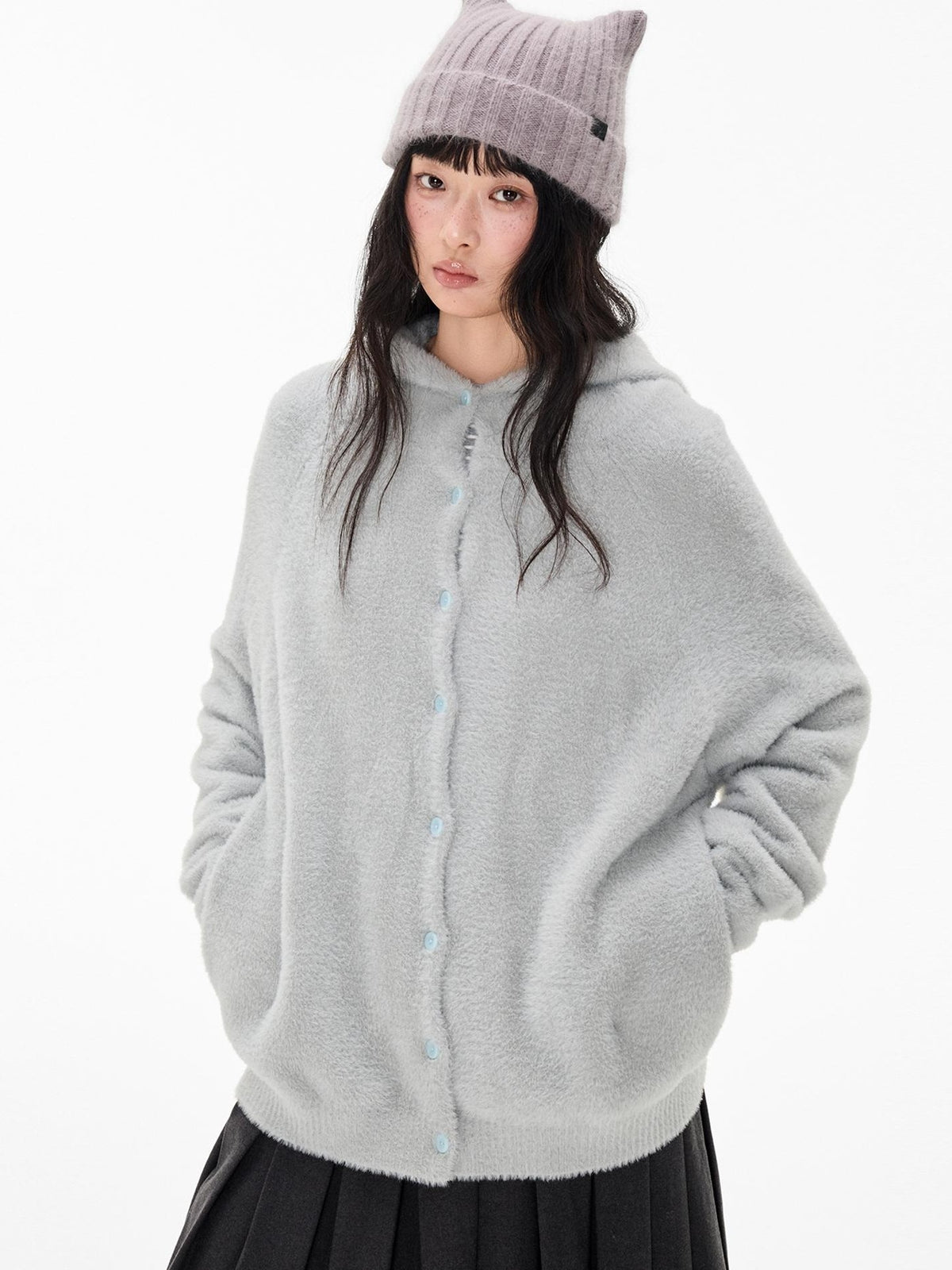 EZEK Faux Mink Color Block Button Knit Hooded Women's Cardigans