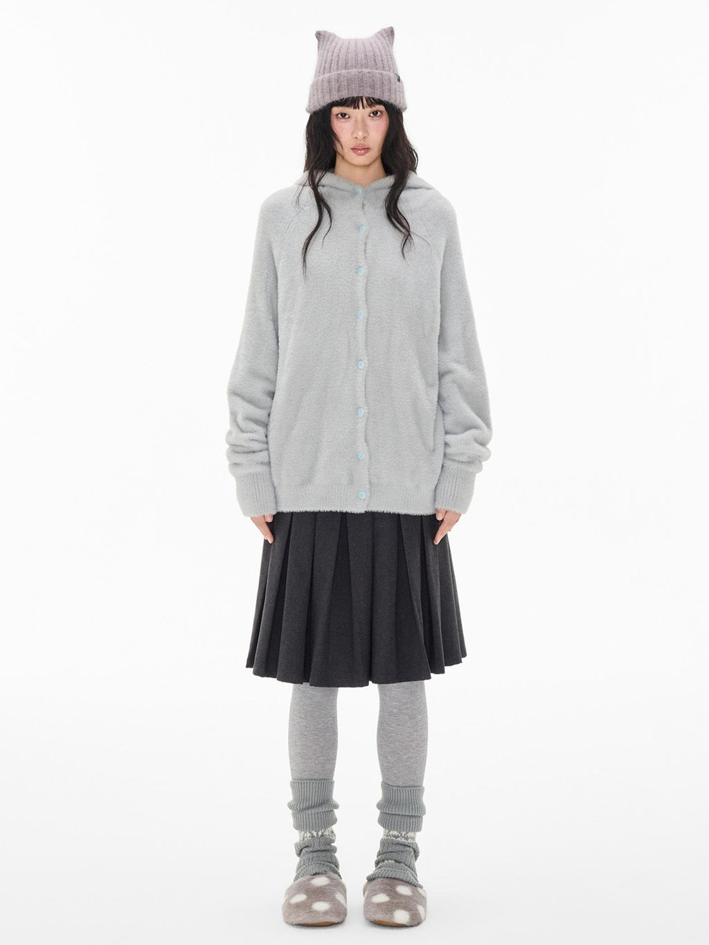 EZEK Faux Mink Color Block Button Knit Hooded Women's Cardigans