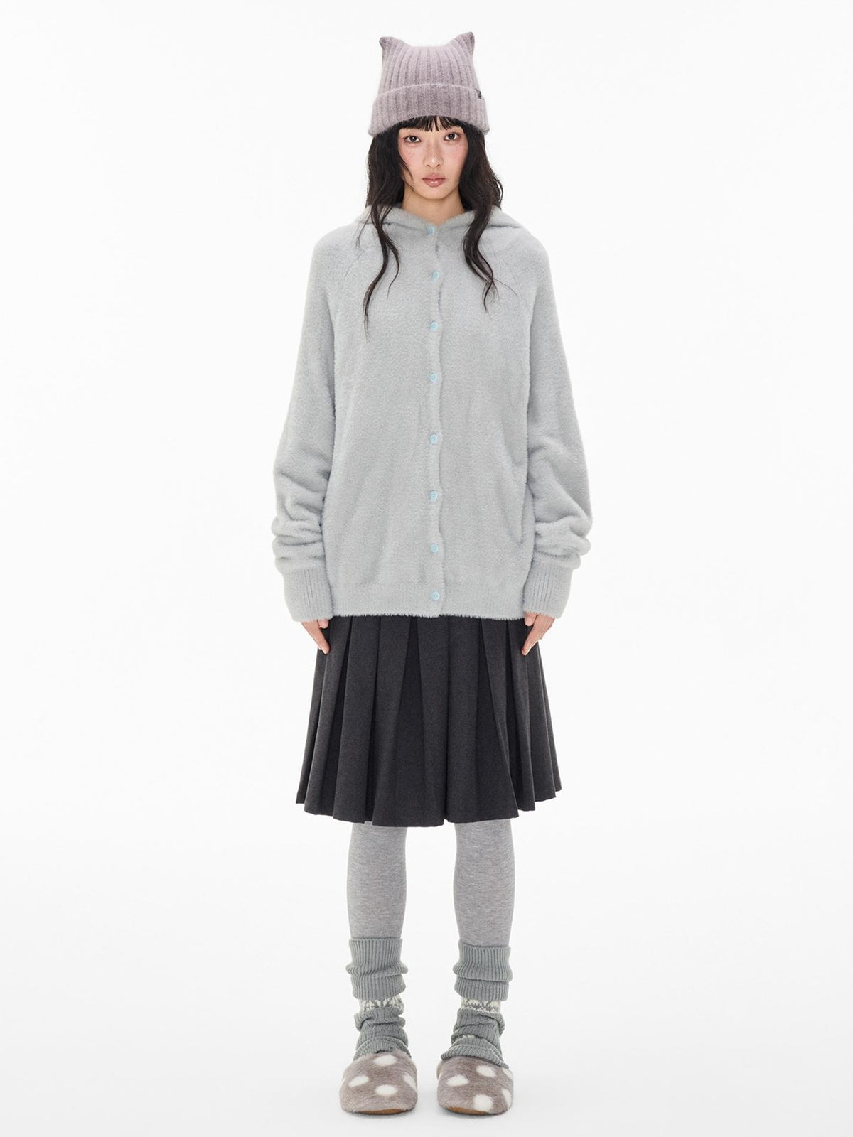 EZEK Faux Mink Color Block Button Knit Hooded Women's Cardigans