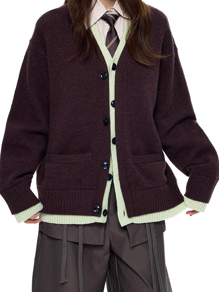 EZEK Faux Two Piece Colorblock Knit V-neck Button Women's Acrylic Blend Cardigans