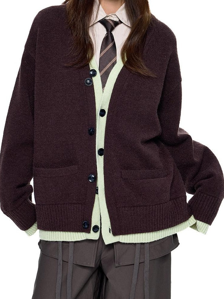 EZEK Faux Two Piece Colorblock Knit V-neck Button Women's Acrylic Blend Cardigans