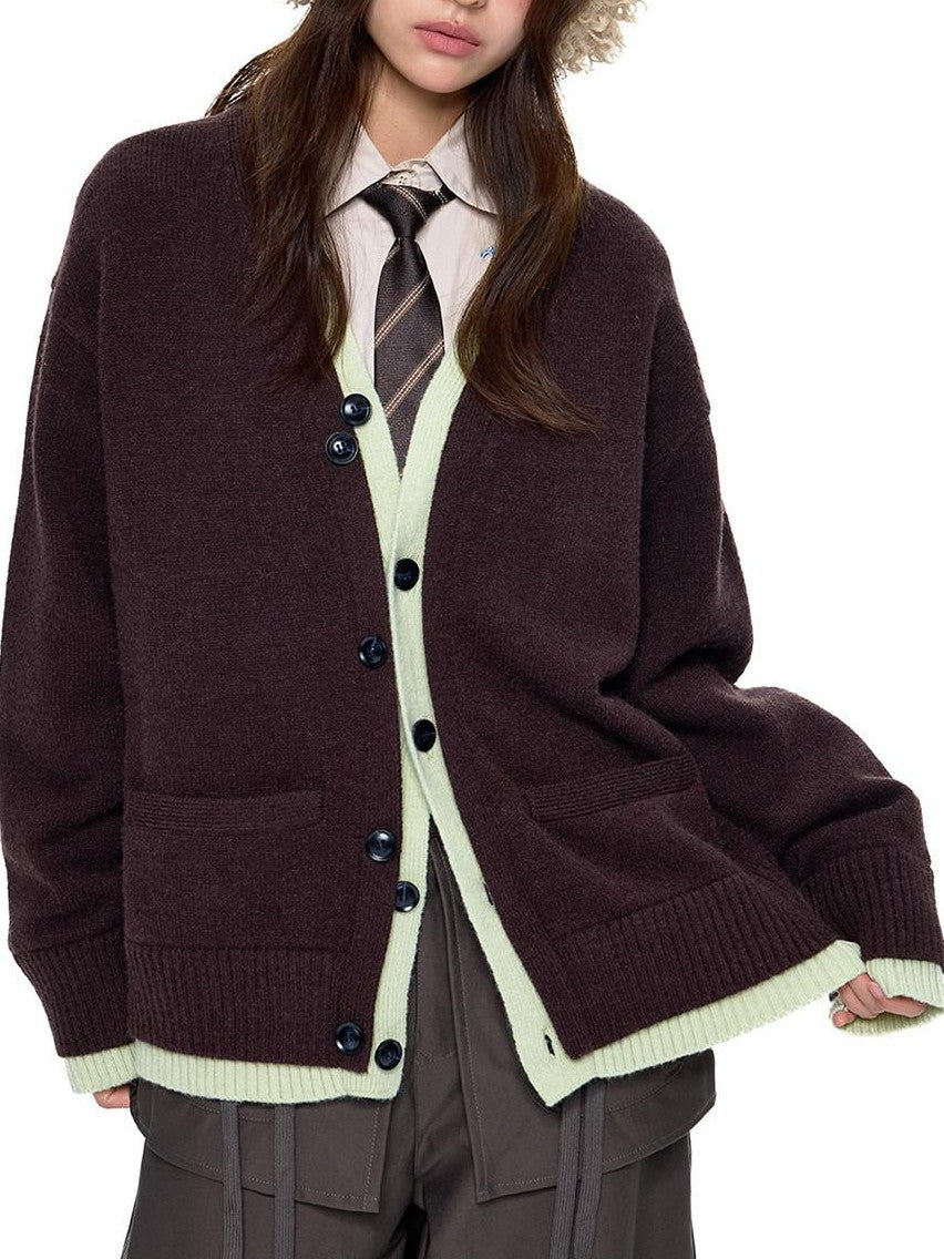 EZEK Faux Two Piece Colorblock Knit V-neck Button Women's Acrylic Blend Cardigans
