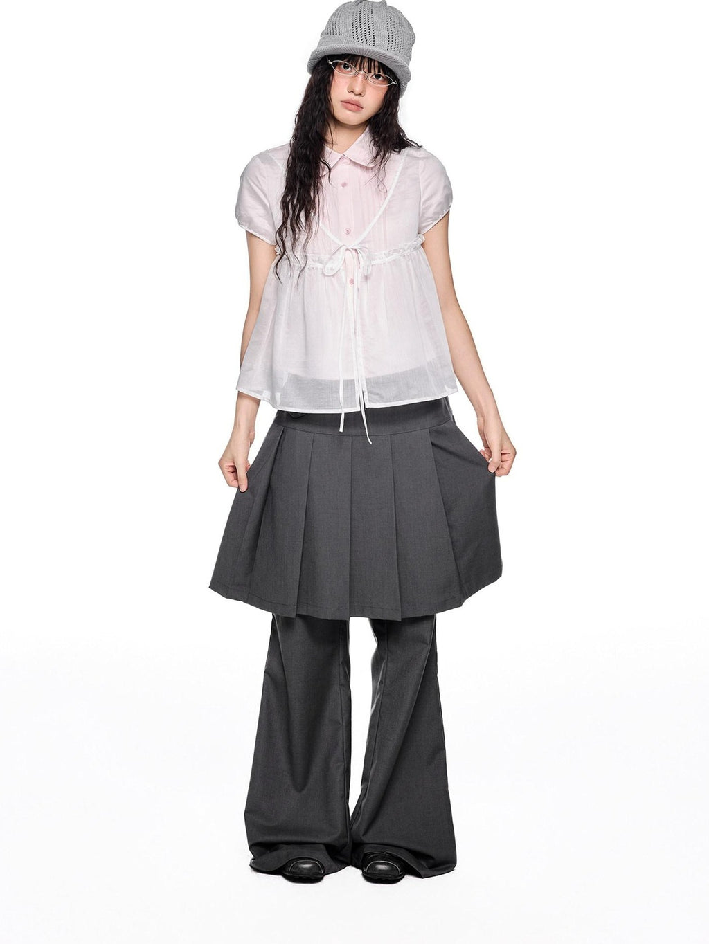 EZEK Faux Two Piece Pleated Micro Flare Pocket Vintage Women's Skorts