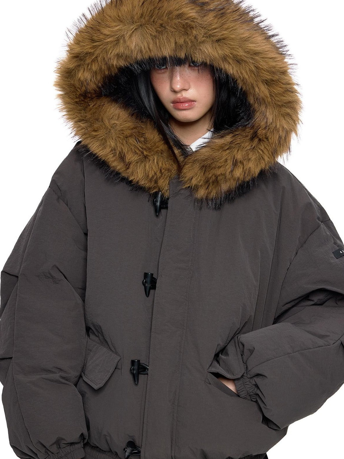 EZEK Fixed Fur Trim Hood Utility Toggle Closure Loose Women's Polyester Down Jackets