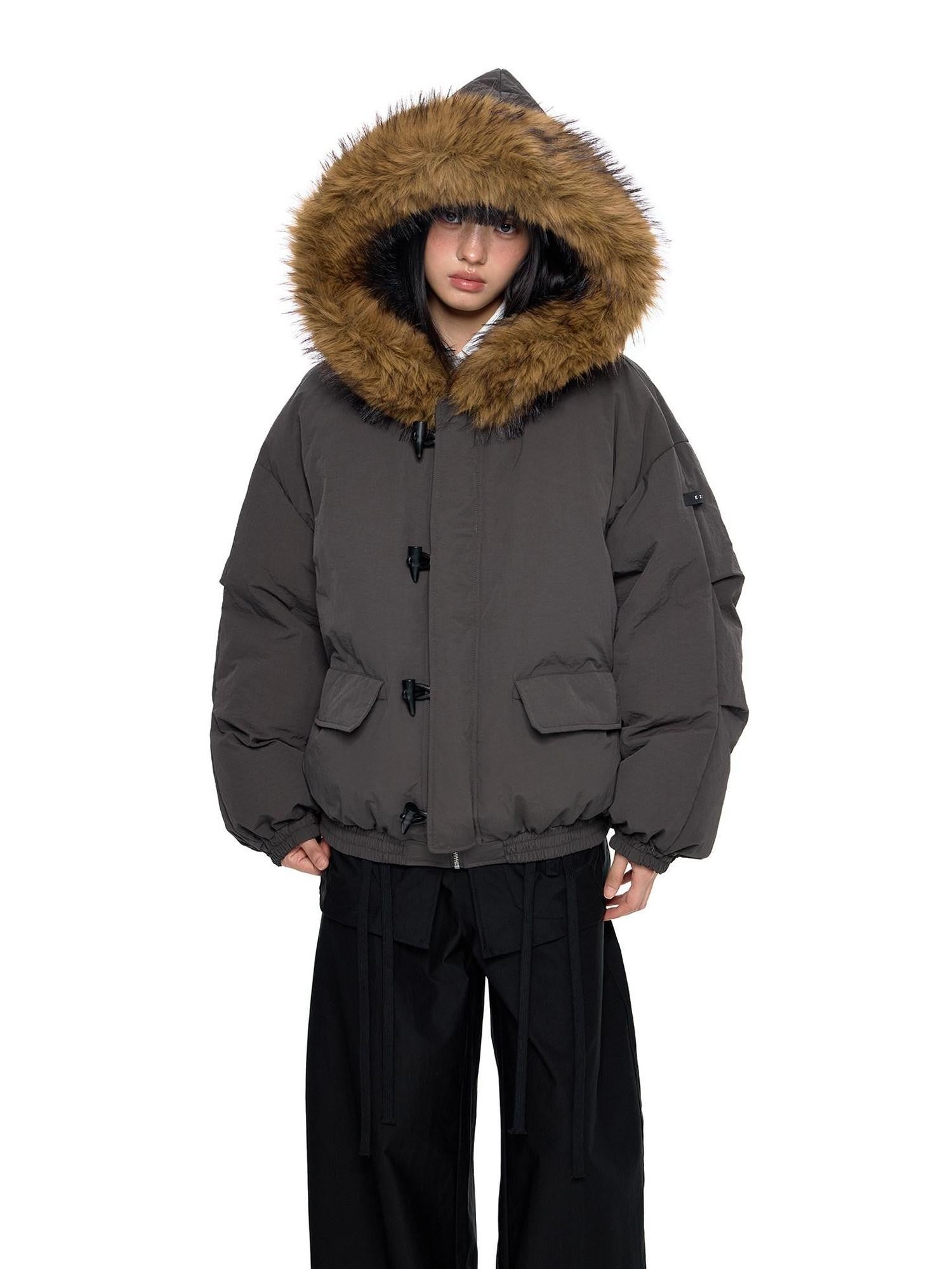 EZEK Fixed Fur Trim Hood Utility Toggle Closure Loose Women's Polyester Down Jackets