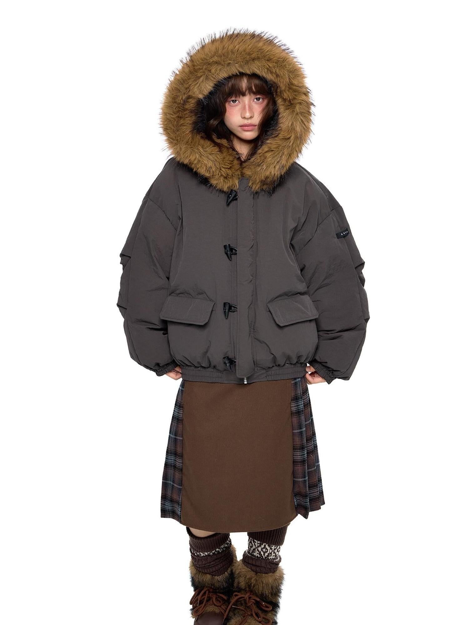 EZEK Fixed Fur Trim Hood Utility Toggle Closure Loose Women's Polyester Down Jackets