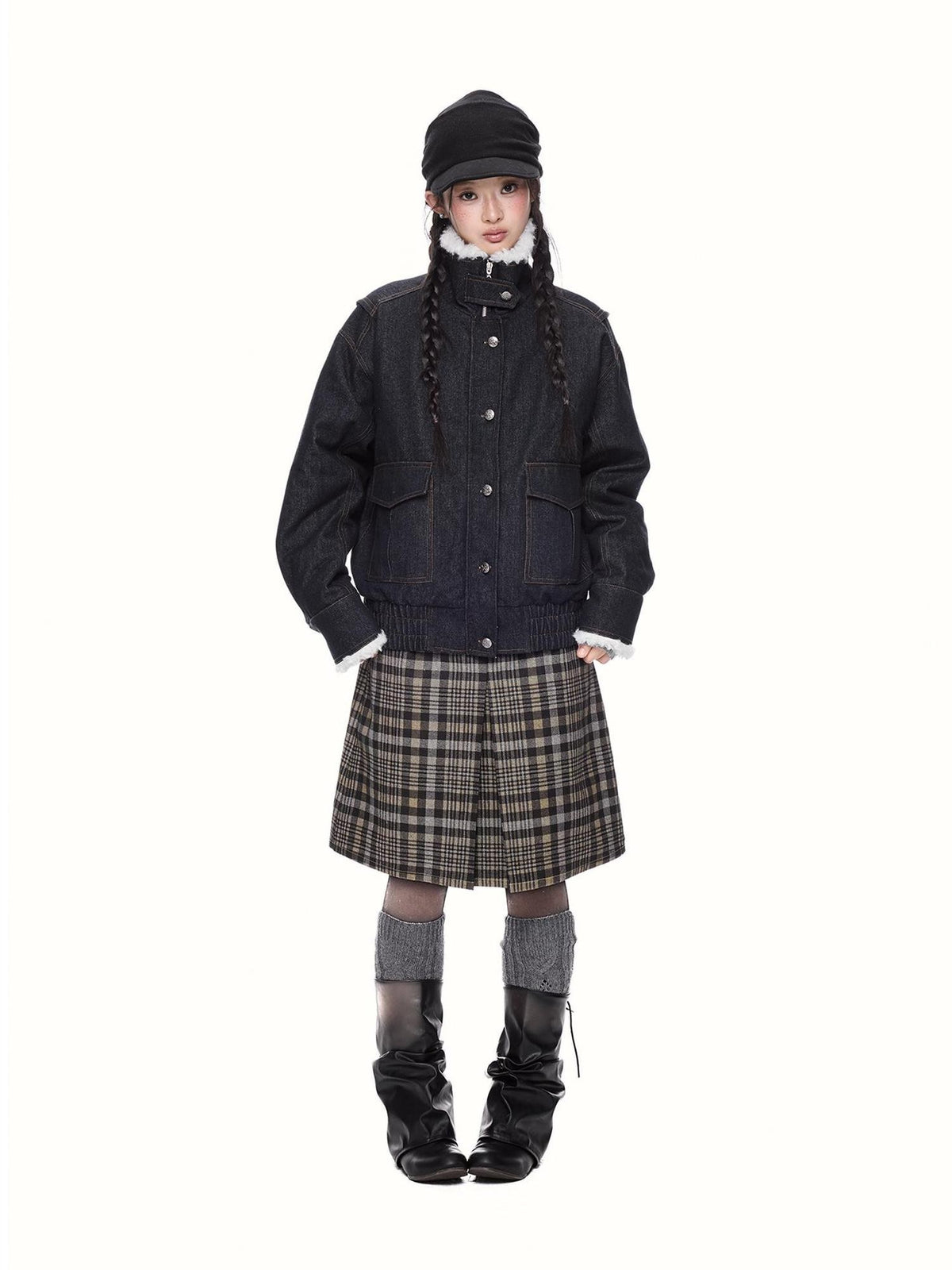 EZEK Fleece Lined Stand Collar Zip Utility Women's Cotton Denim Jackets