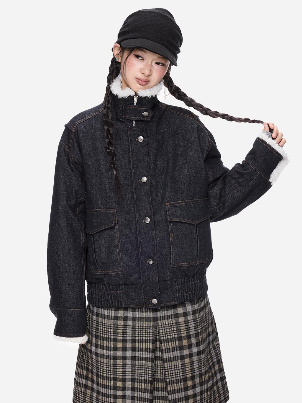 EZEK Fleece Lined Stand Collar Zip Utility Women's Cotton Denim Jackets