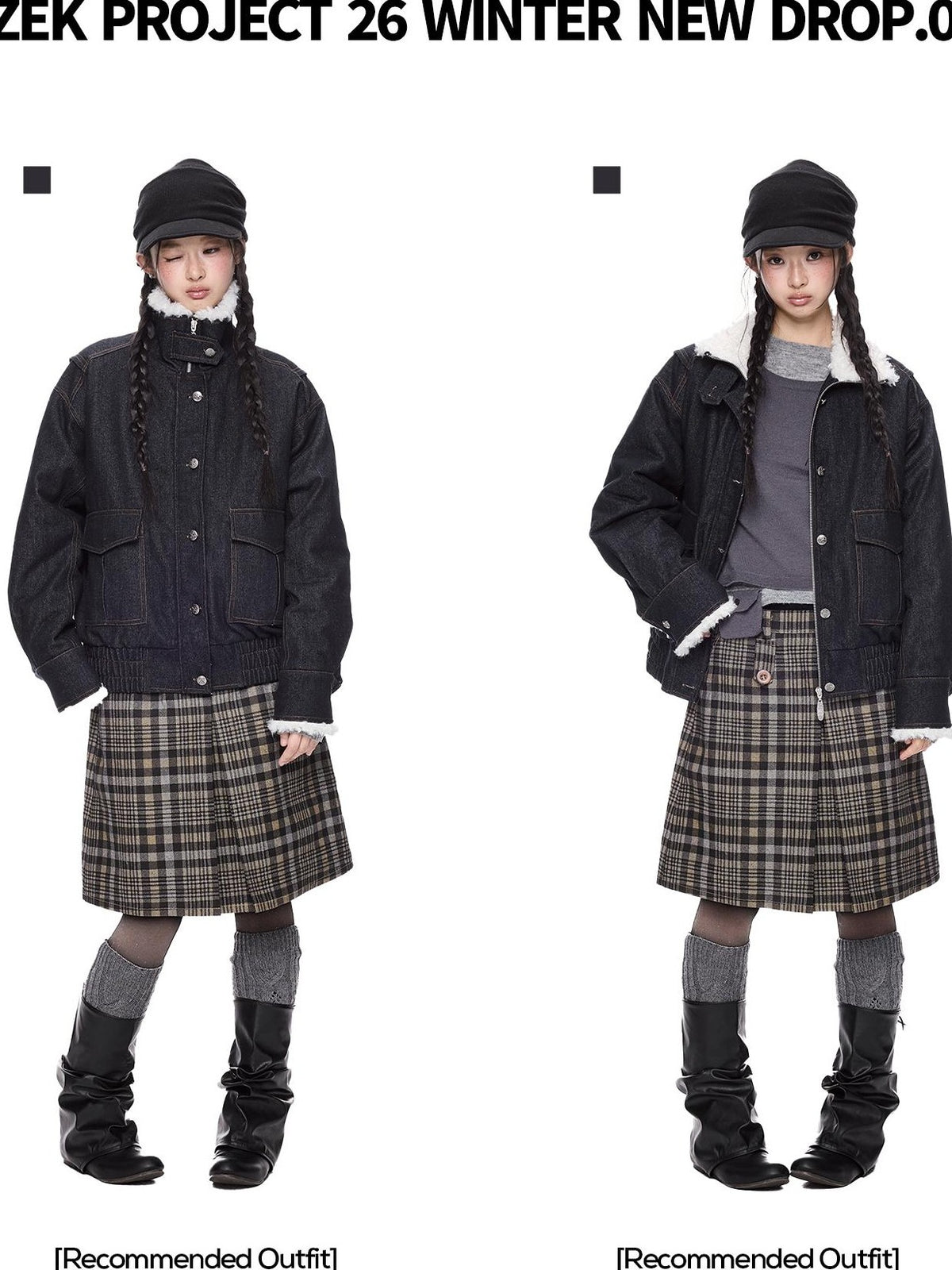 EZEK Fleece Lined Stand Collar Zip Utility Women's Cotton Denim Jackets