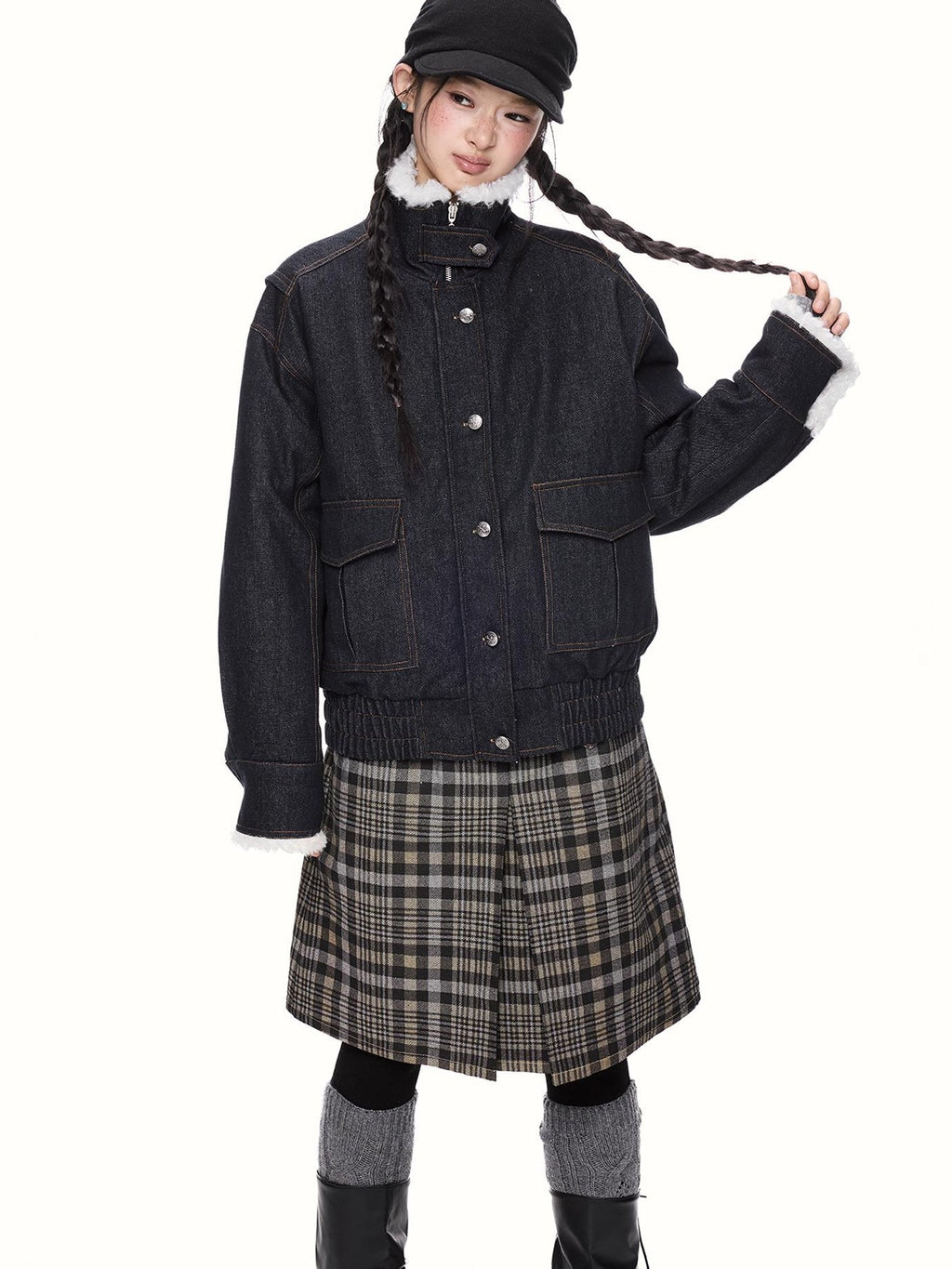 EZEK Fleece Lined Stand Collar Zip Utility Women's Cotton Denim Jackets