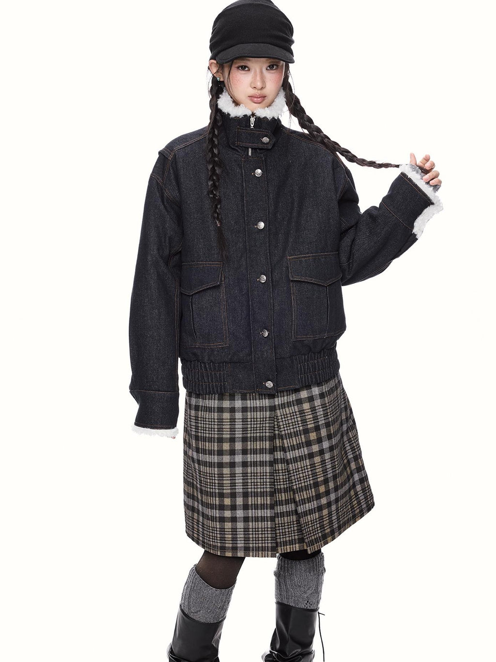EZEK Fleece Lined Stand Collar Zip Utility Women's Cotton Denim Jackets