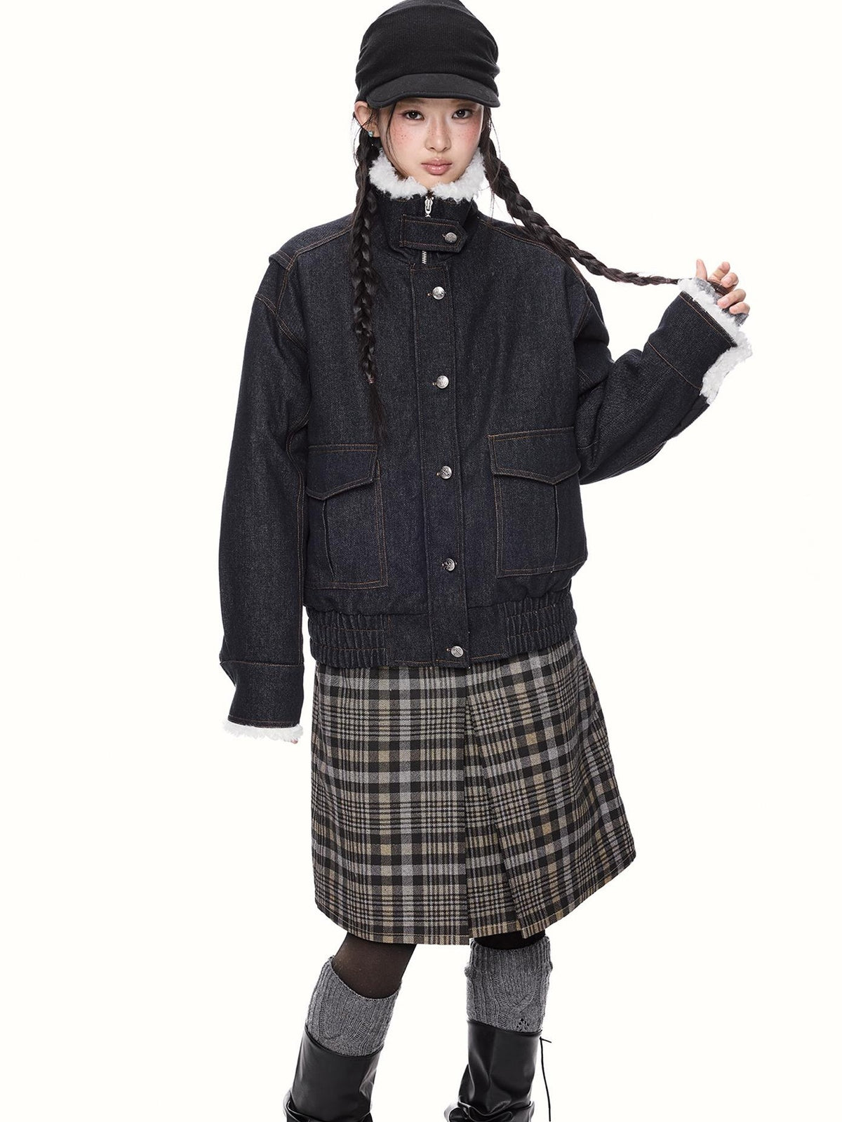 EZEK Fleece Lined Stand Collar Zip Utility Women's Cotton Denim Jackets