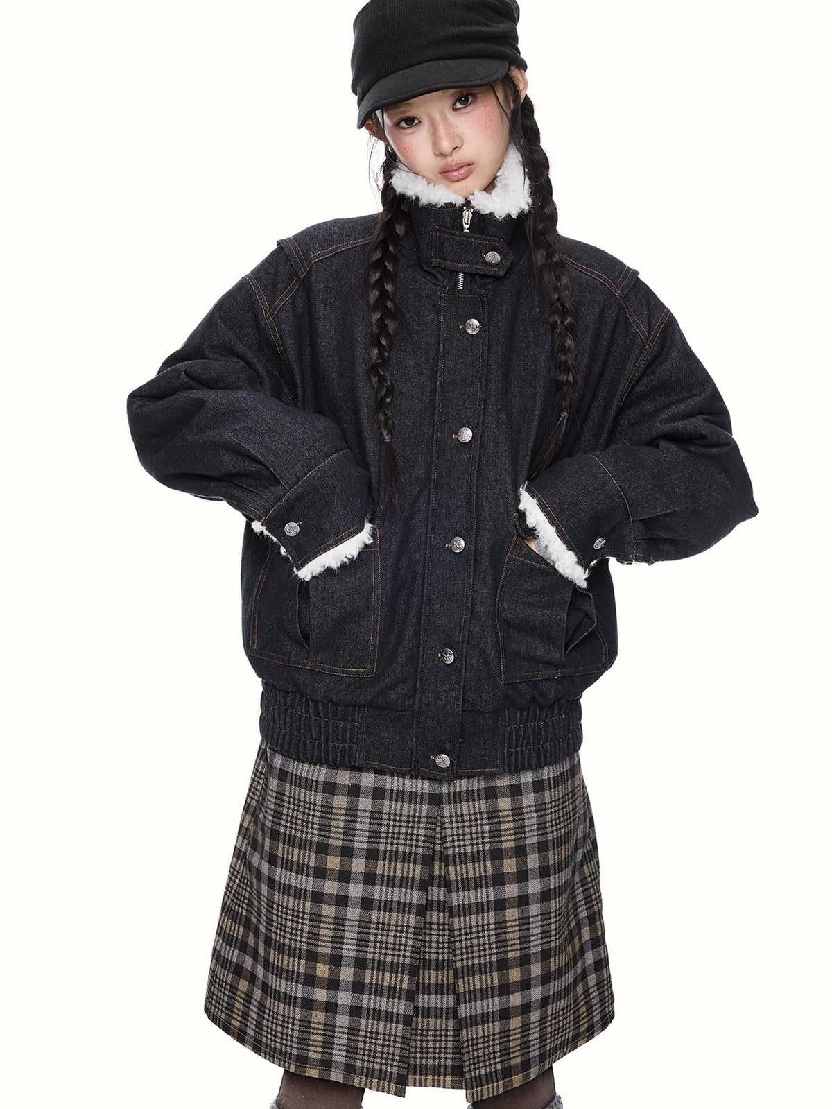 EZEK Fleece Lined Stand Collar Zip Utility Women's Cotton Denim Jackets