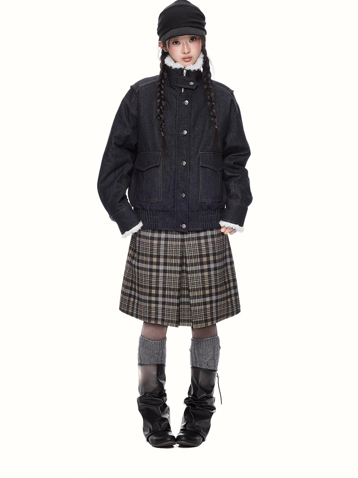 EZEK Fleece Lined Stand Collar Zip Utility Women's Cotton Denim Jackets