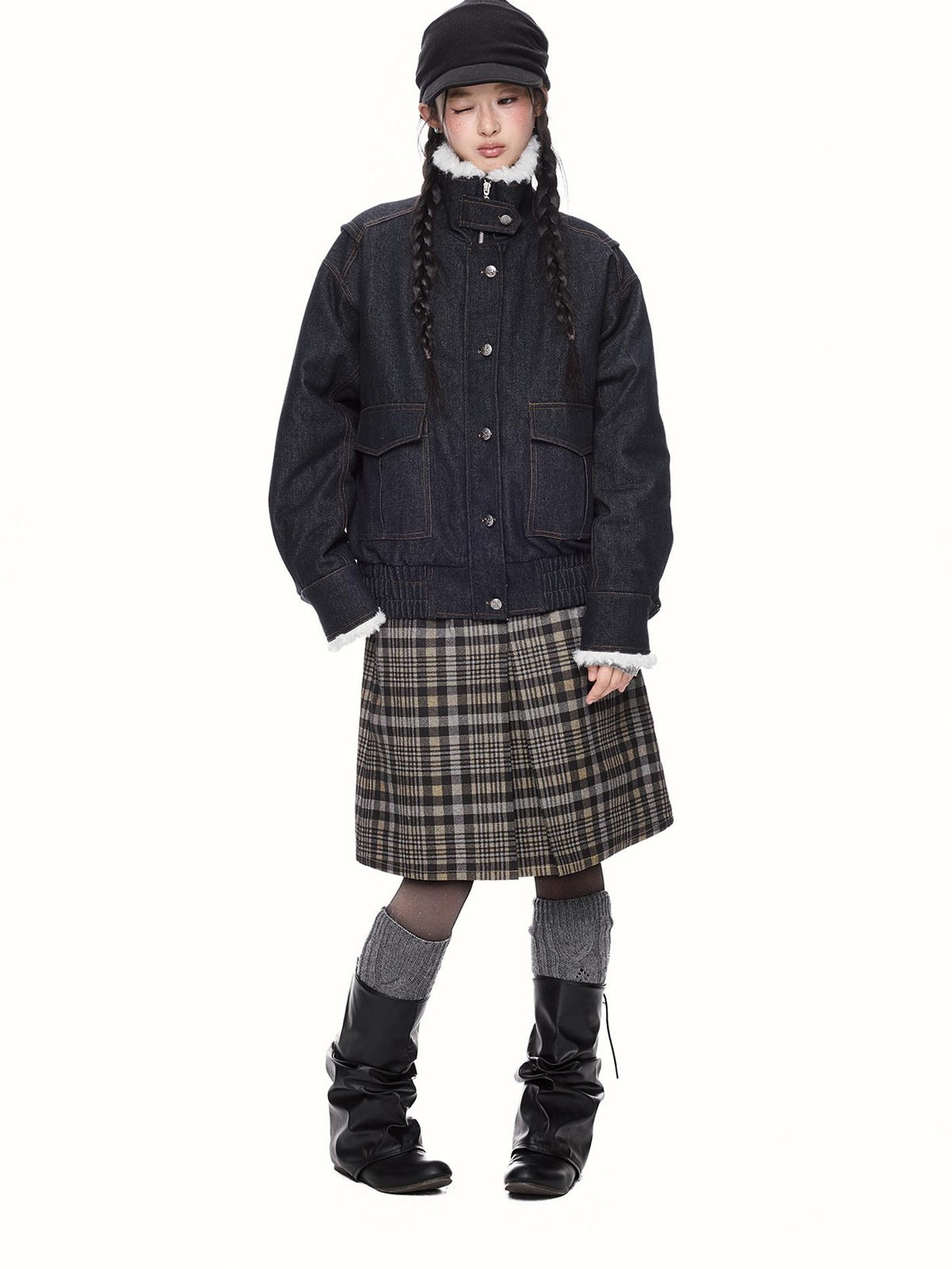EZEK Fleece Lined Stand Collar Zip Utility Women's Cotton Denim Jackets
