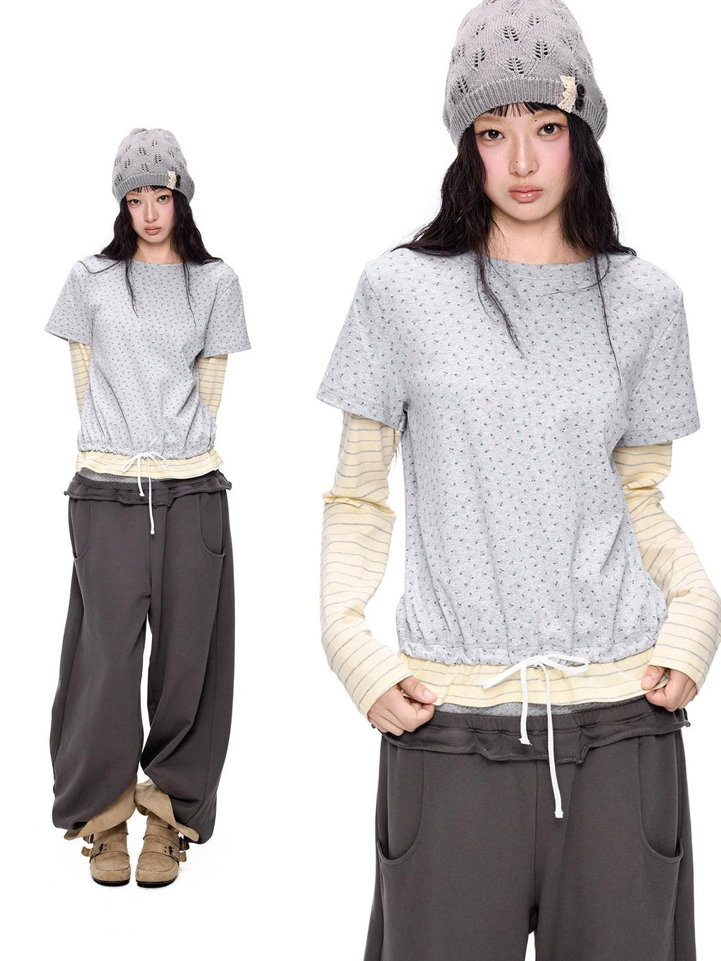 EZEK Floral Patchwork Stripe Fake Two Piece Women's Cotton Blend Long Sleeve T-shirts