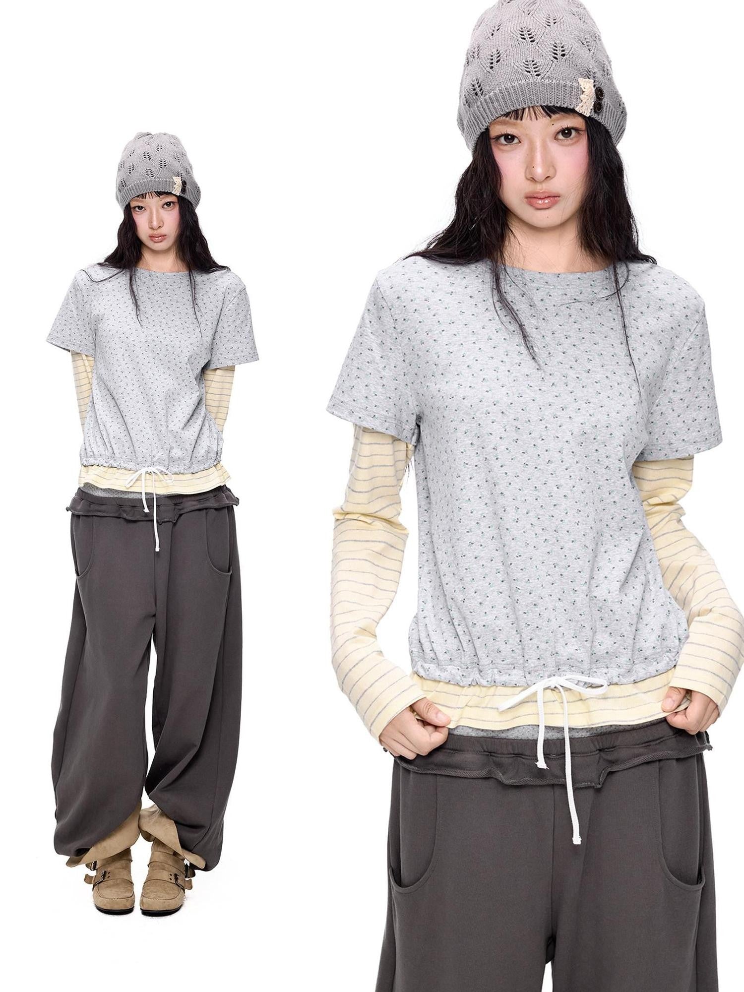 EZEK Floral Patchwork Stripe Fake Two Piece Women's Cotton Blend Long Sleeve T-shirts