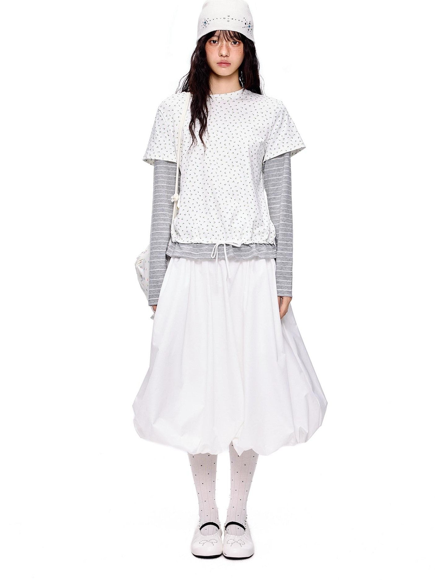 EZEK Floral Patchwork Stripe Fake Two Piece Women's Cotton Blend Long Sleeve T-shirts