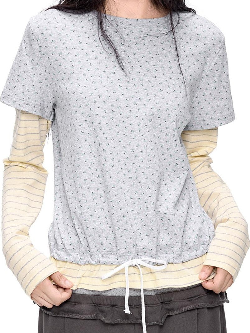 EZEK Floral Patchwork Stripe Fake Two Piece Women's Cotton Blend Long Sleeve T-shirts