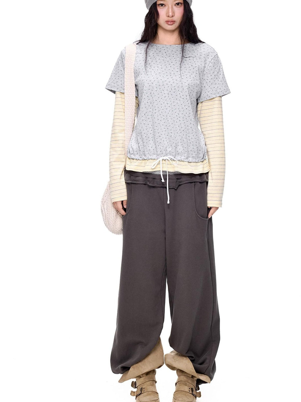 EZEK Floral Patchwork Stripe Fake Two Piece Women's Cotton Blend Long Sleeve T-shirts