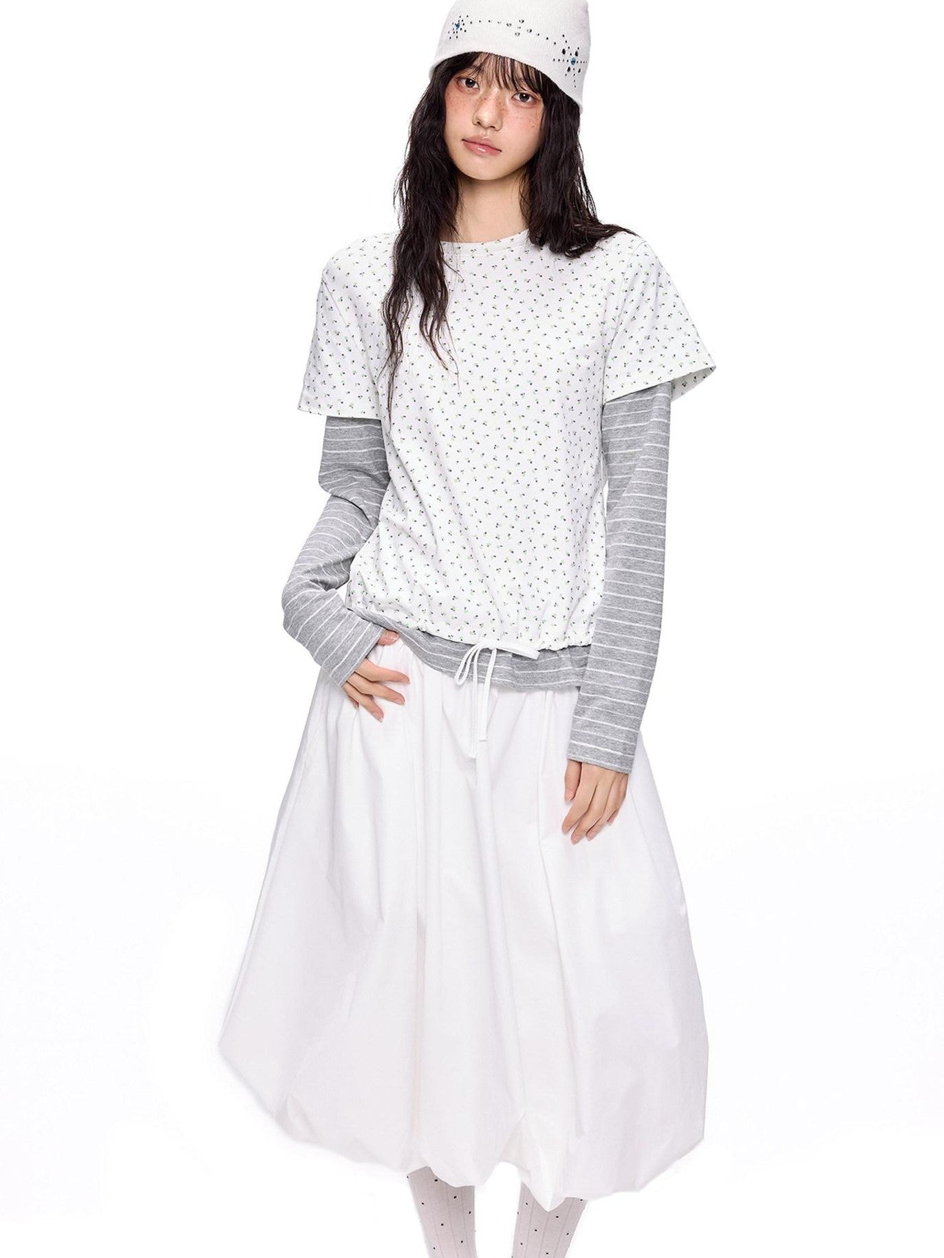 EZEK Floral Patchwork Stripe Fake Two Piece Women's Cotton Blend Long Sleeve T-shirts