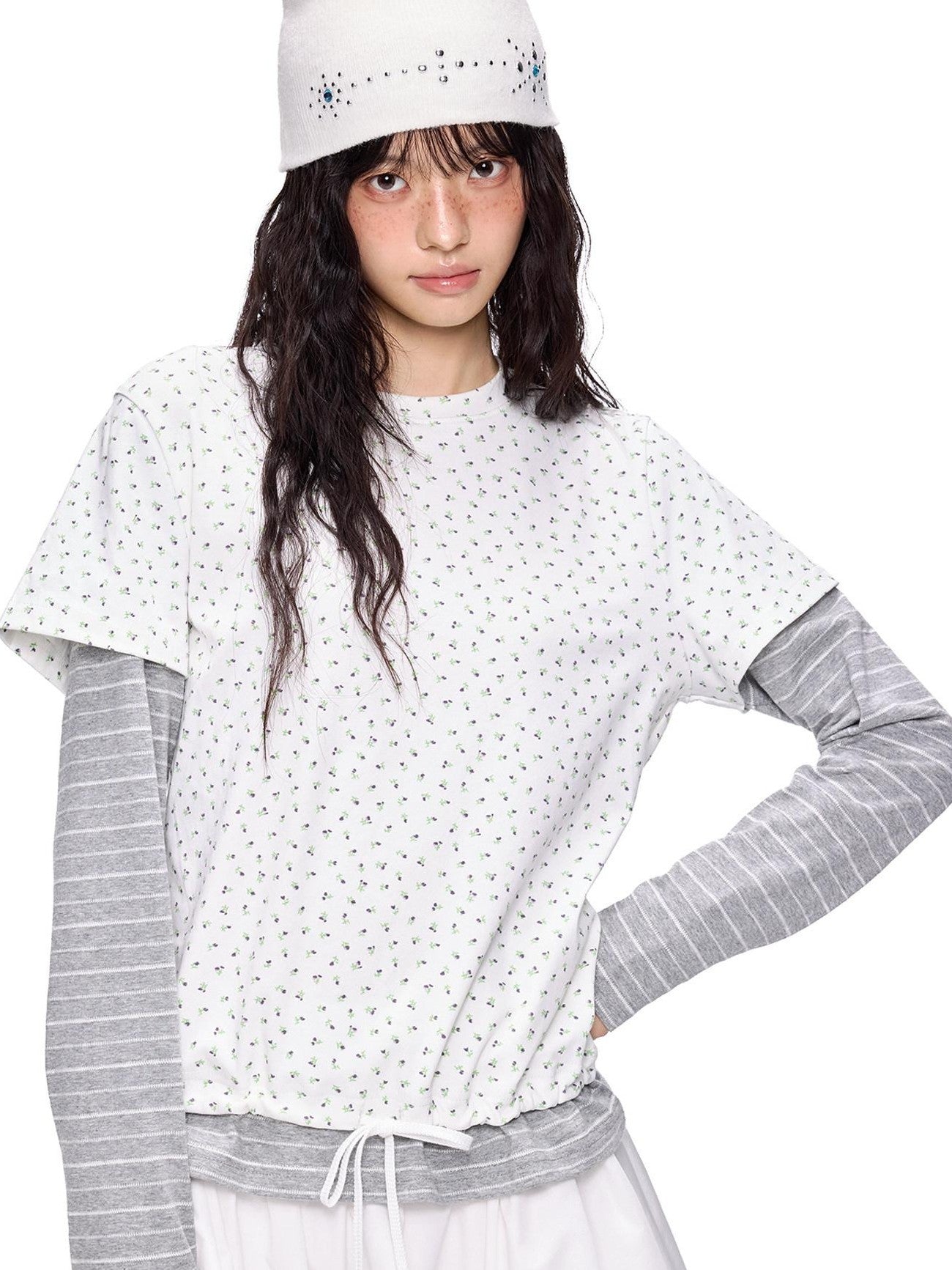 EZEK Floral Patchwork Stripe Fake Two Piece Women's Cotton Blend Long Sleeve T-shirts