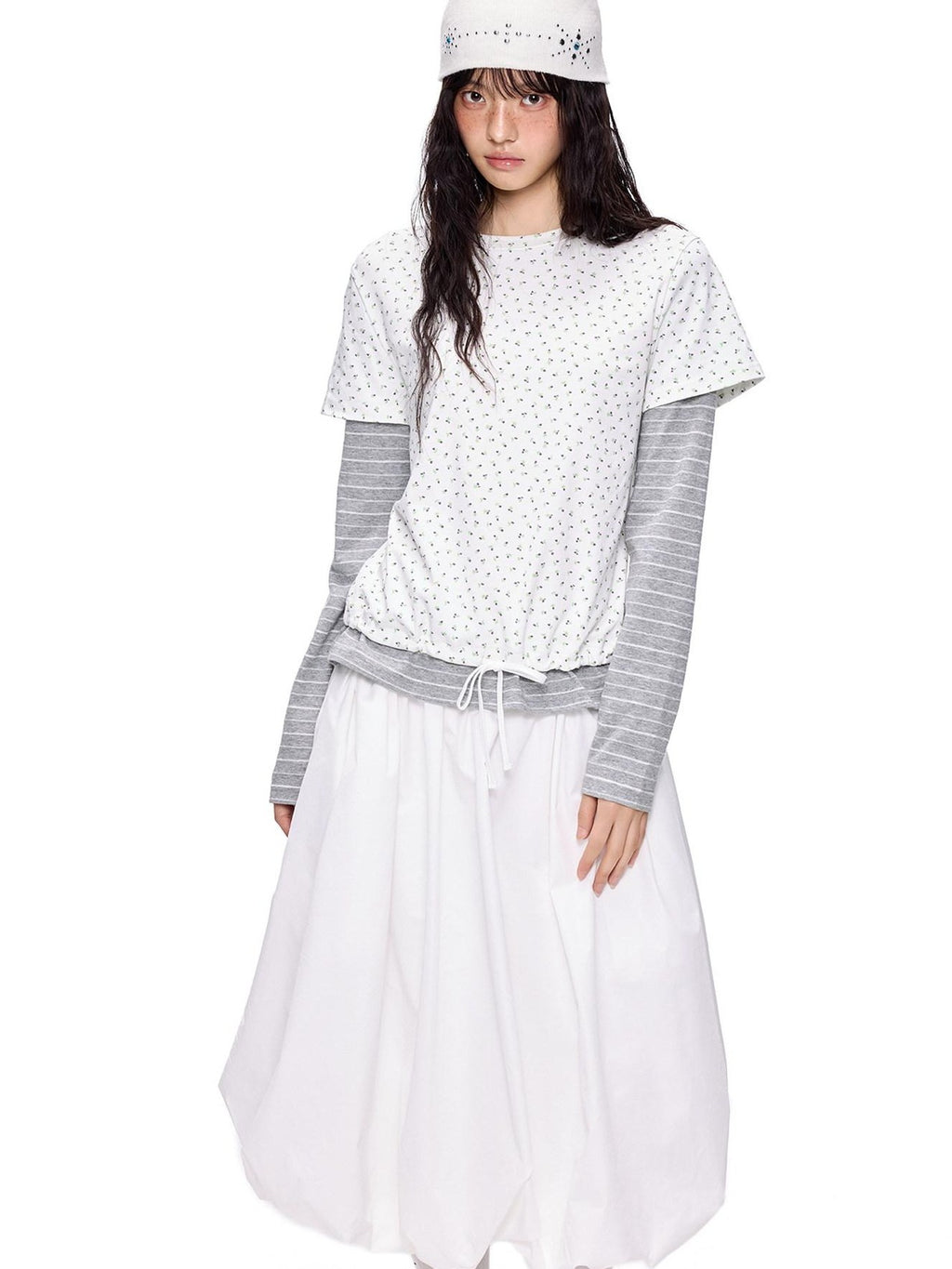 EZEK Floral Patchwork Stripe Fake Two Piece Women's Cotton Blend Long Sleeve T-shirts