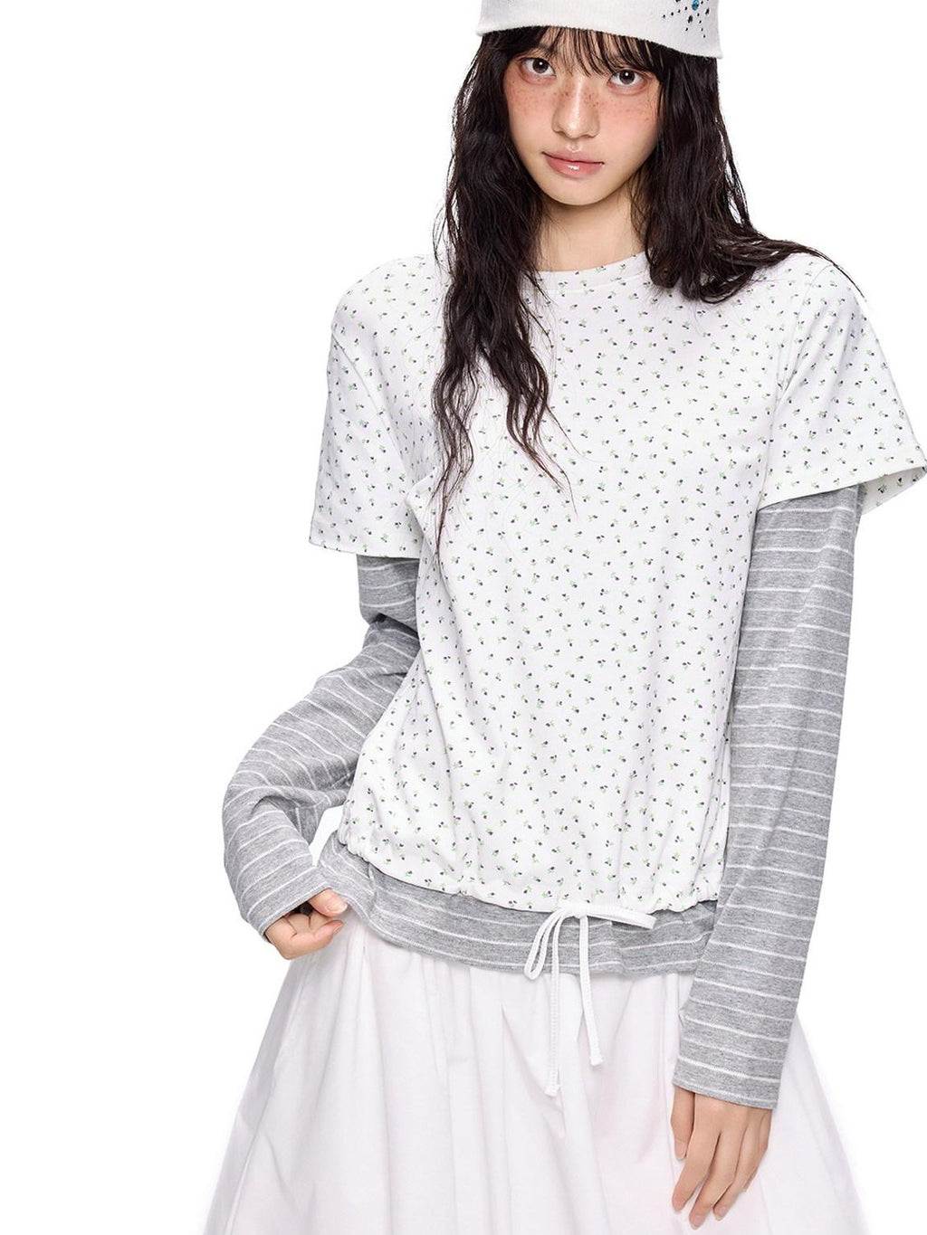 EZEK Floral Patchwork Stripe Fake Two Piece Women's Cotton Blend Long Sleeve T-shirts
