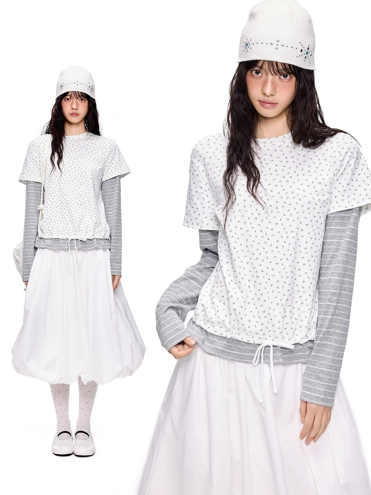 EZEK Floral Print Striped Faux Two Piece Women's Cotton Long Sleeve T-shirts