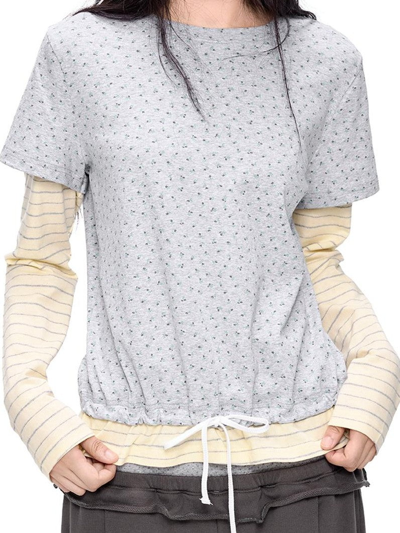 EZEK Floral Print Striped Faux Two Piece Women's Cotton Long Sleeve T-shirts