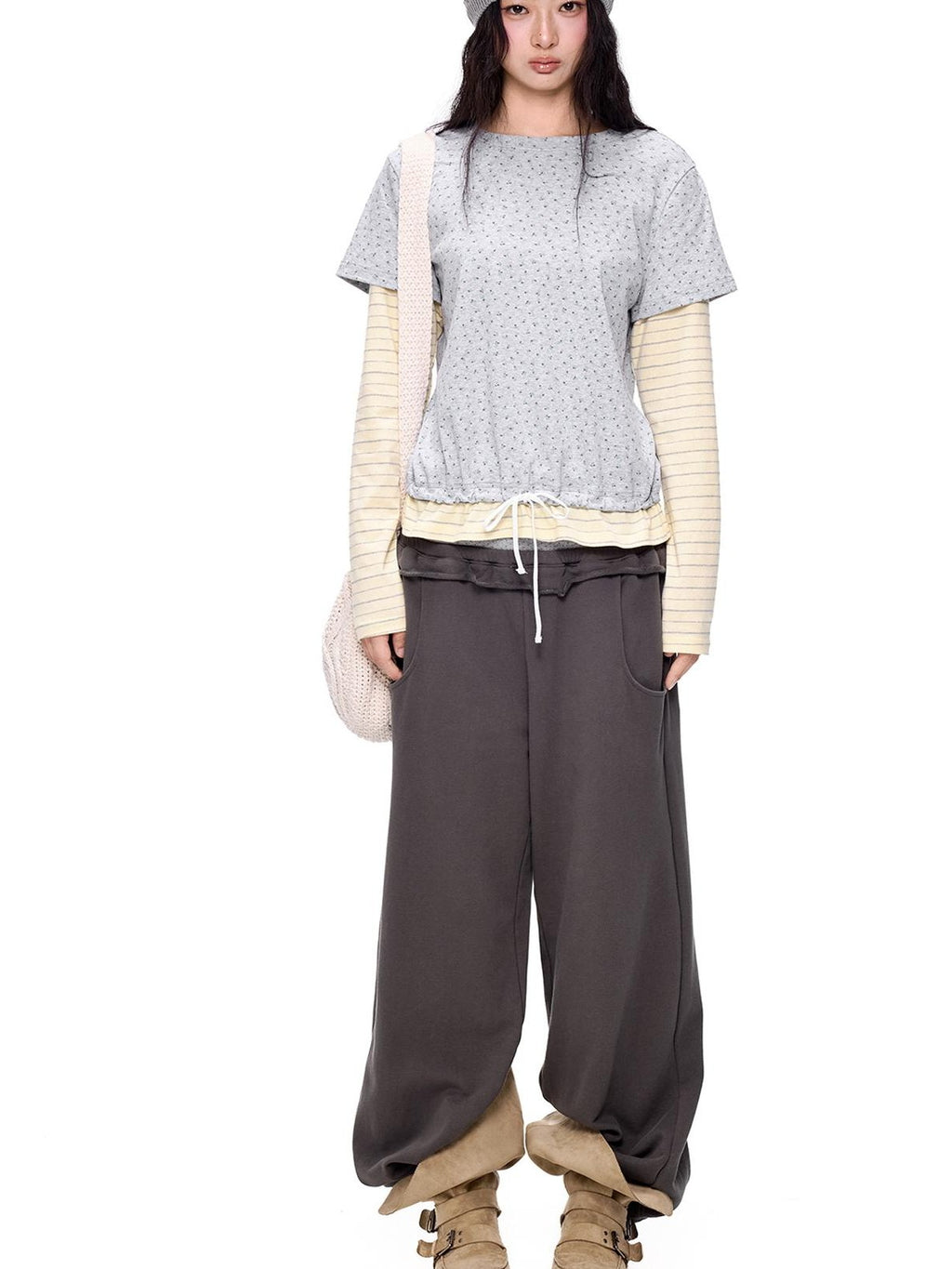 EZEK Floral Print Striped Faux Two Piece Women's Cotton Long Sleeve T-shirts