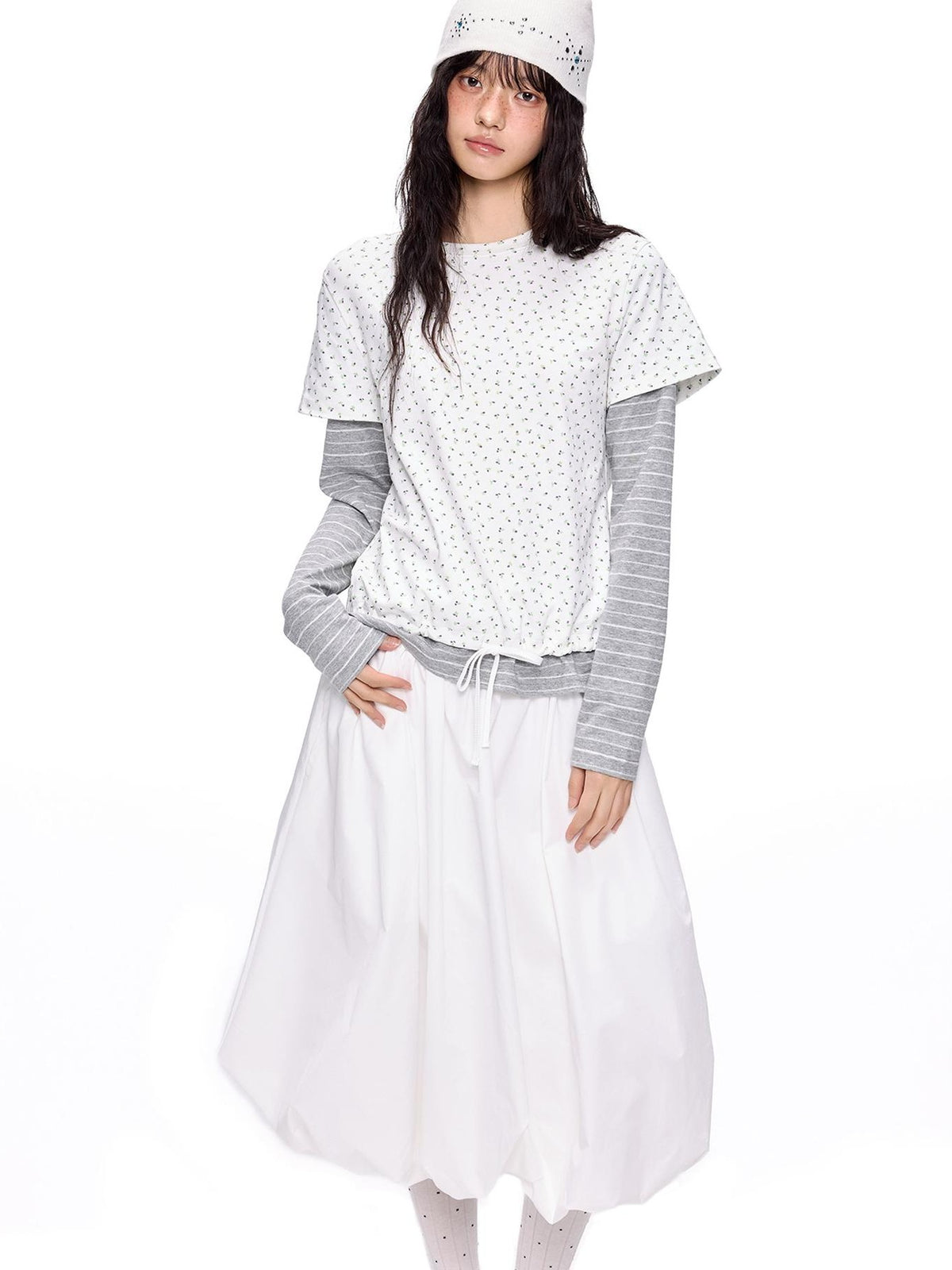 EZEK Floral Print Striped Faux Two Piece Women's Cotton Long Sleeve T-shirts