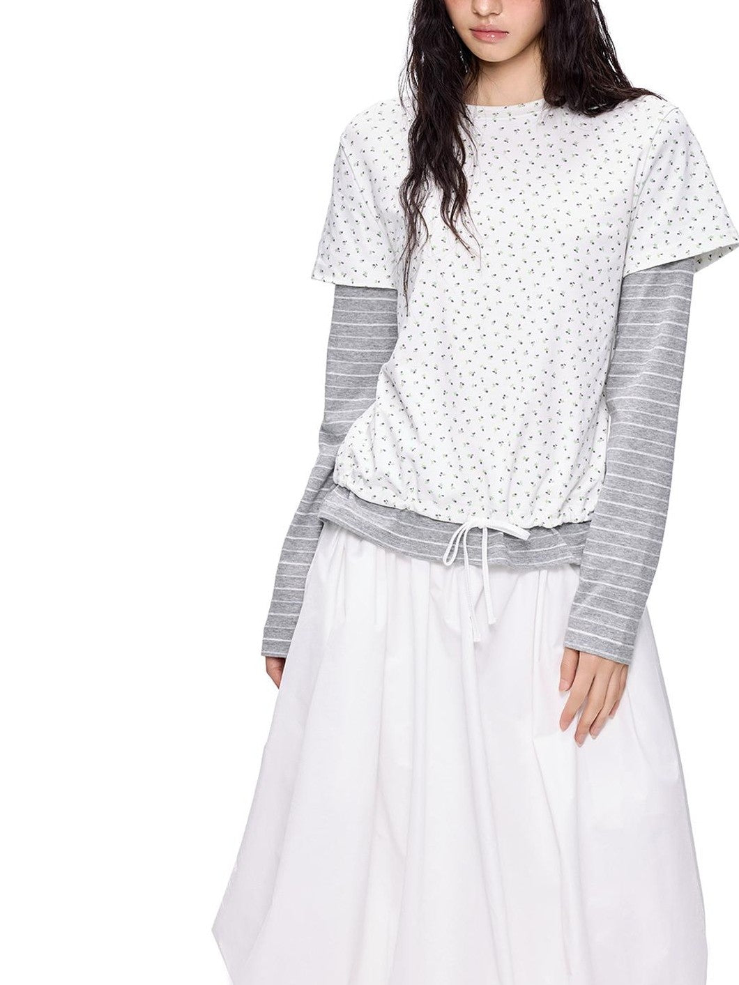 EZEK Floral Print Striped Faux Two Piece Women's Cotton Long Sleeve T-shirts