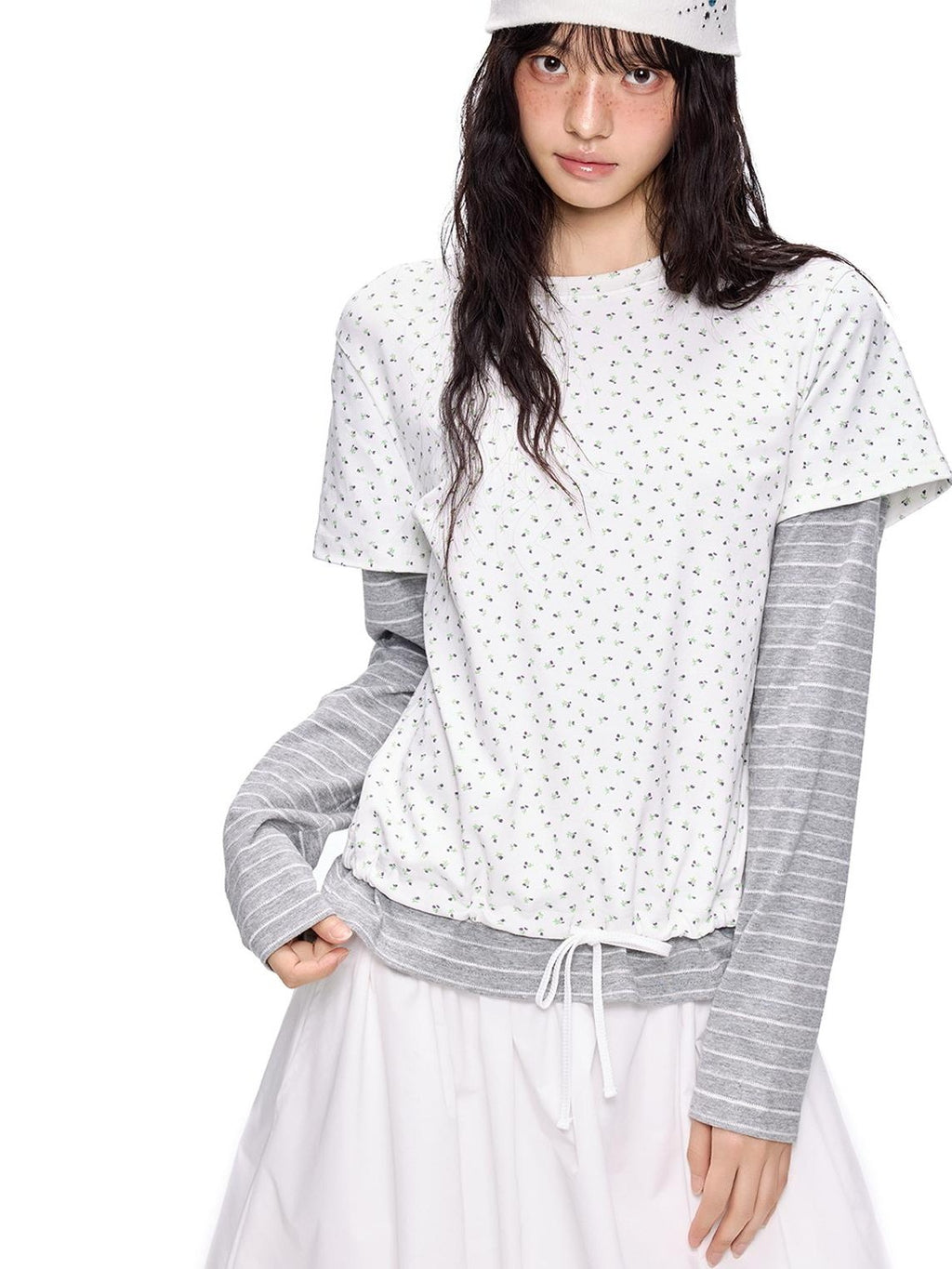 EZEK Floral Print Striped Faux Two Piece Women's Cotton Long Sleeve T-shirts