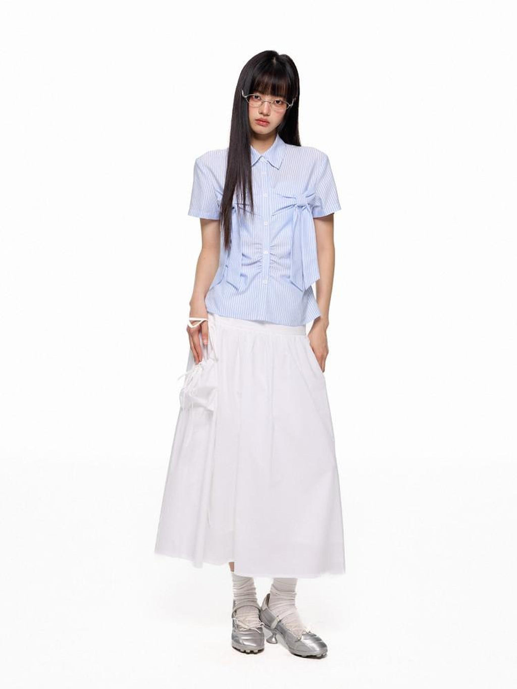 EZEK Flowing White Draped Tie Detail A Line Elastic Waist Women's Maxi Skirts