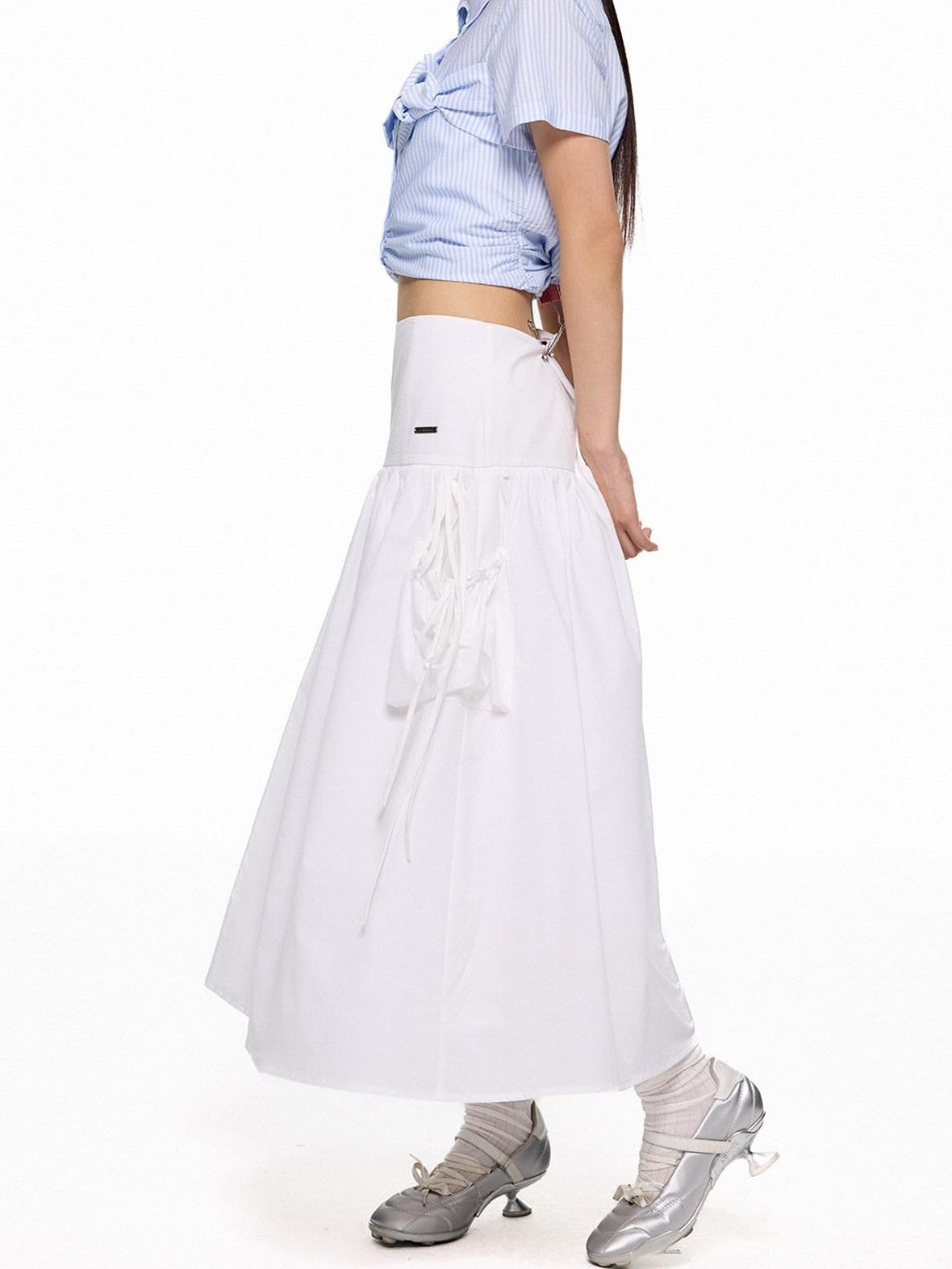 EZEK Flowing White Draped Tie Detail A Line Elastic Waist Women's Maxi Skirts