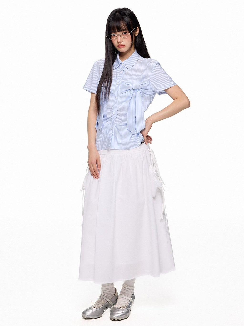 EZEK Flowing White Draped Tie Detail A Line Elastic Waist Women's Maxi Skirts