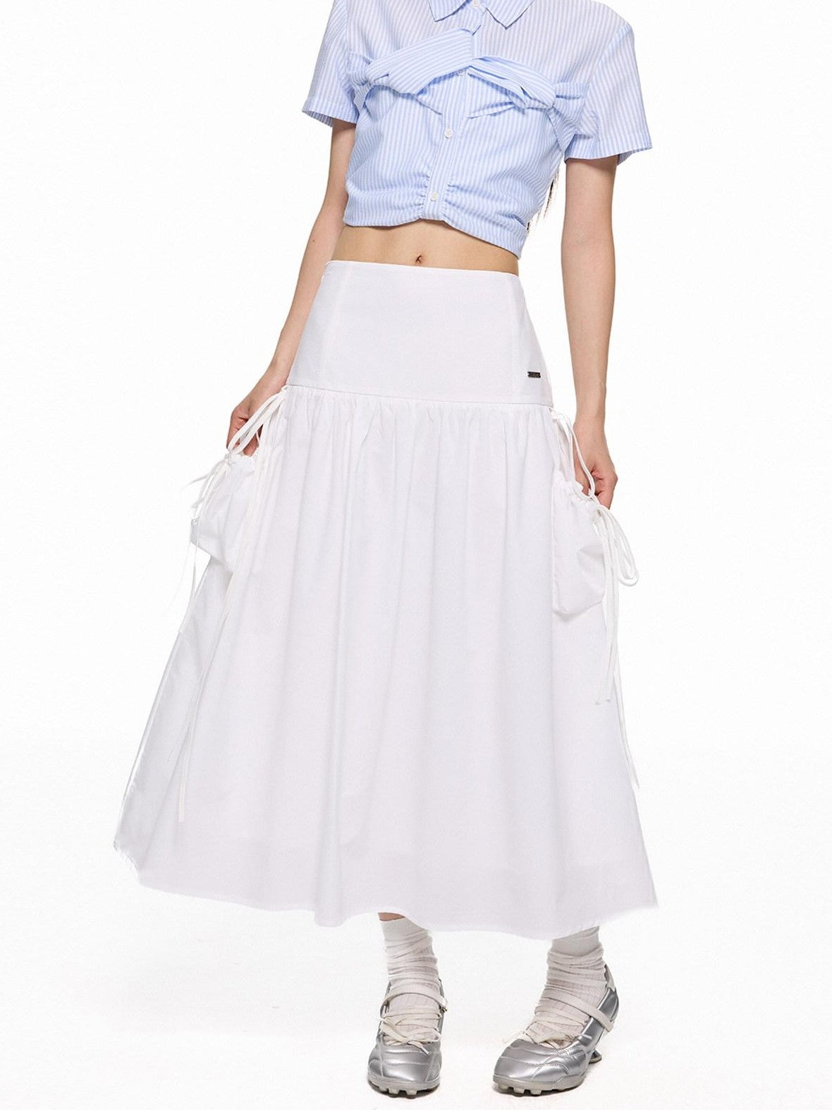 EZEK Flowing White Draped Tie Detail A Line Elastic Waist Women's Maxi Skirts