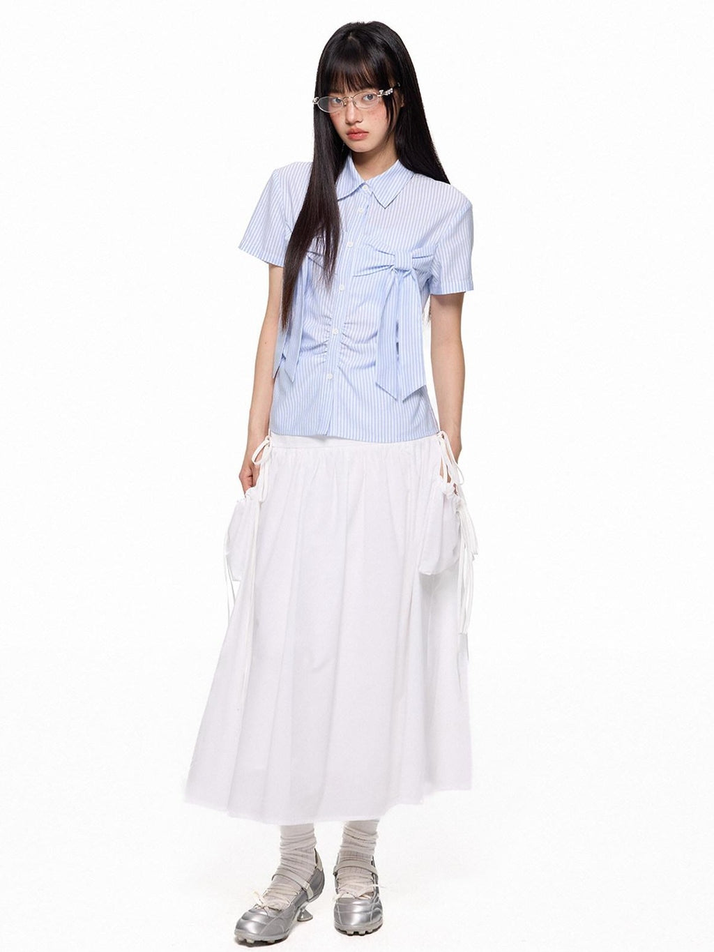 EZEK Flowing White Draped Tie Detail A Line Elastic Waist Women's Maxi Skirts