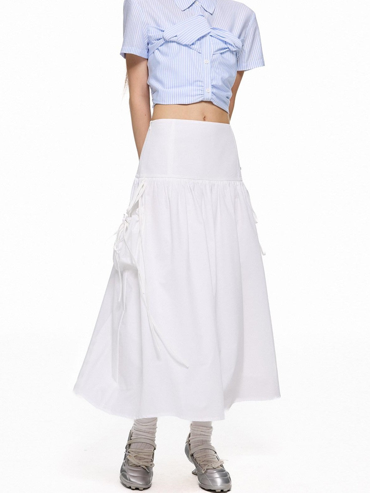 EZEK Flowing White Draped Tie Detail A Line Elastic Waist Women's Maxi Skirts