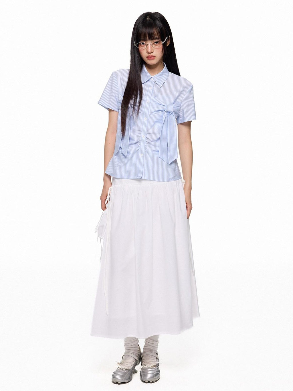 EZEK Flowing White Draped Tie Detail A Line Elastic Waist Women's Maxi Skirts