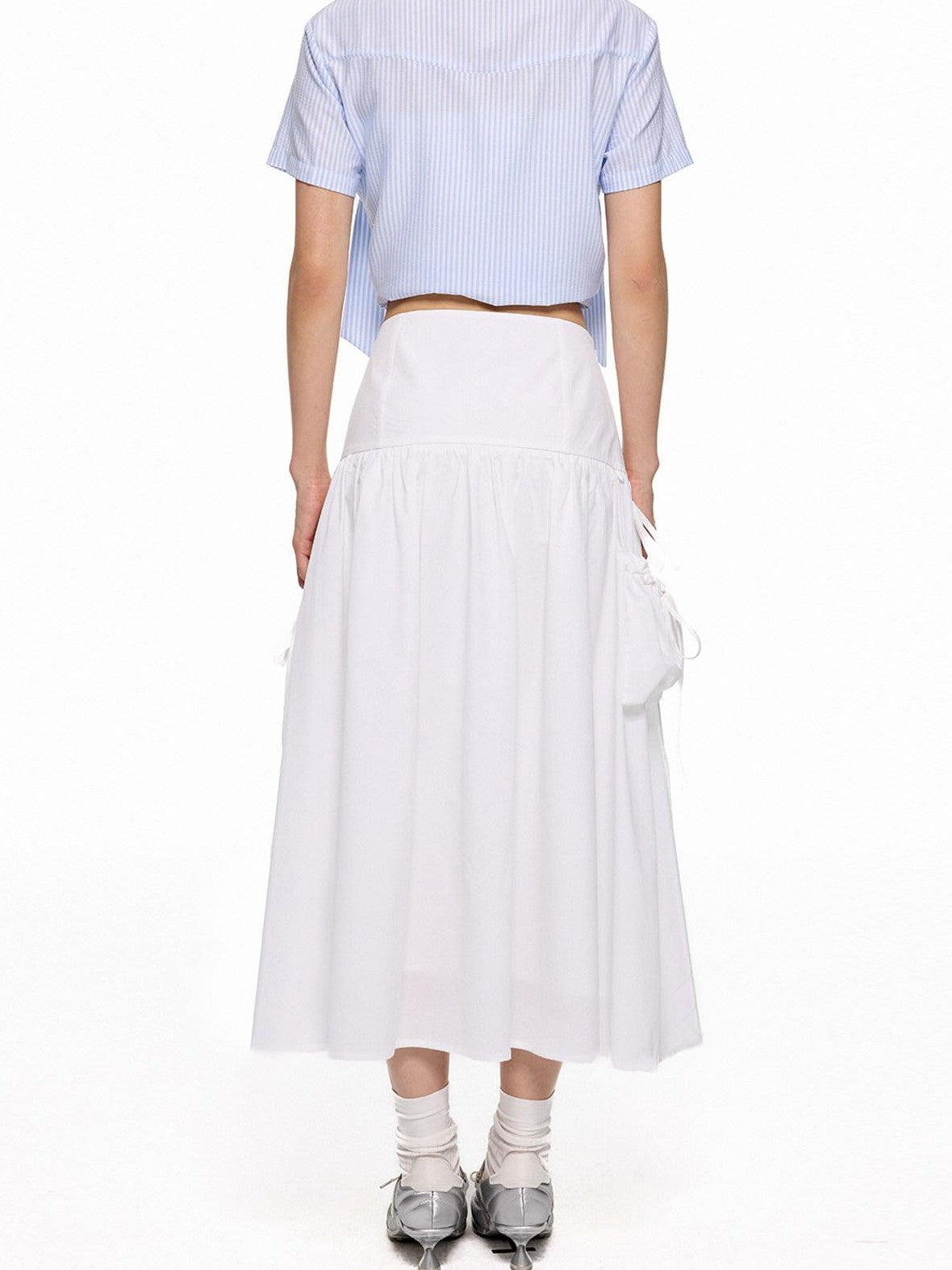 EZEK Flowing White Draped Tie Detail A Line Elastic Waist Women's Maxi Skirts