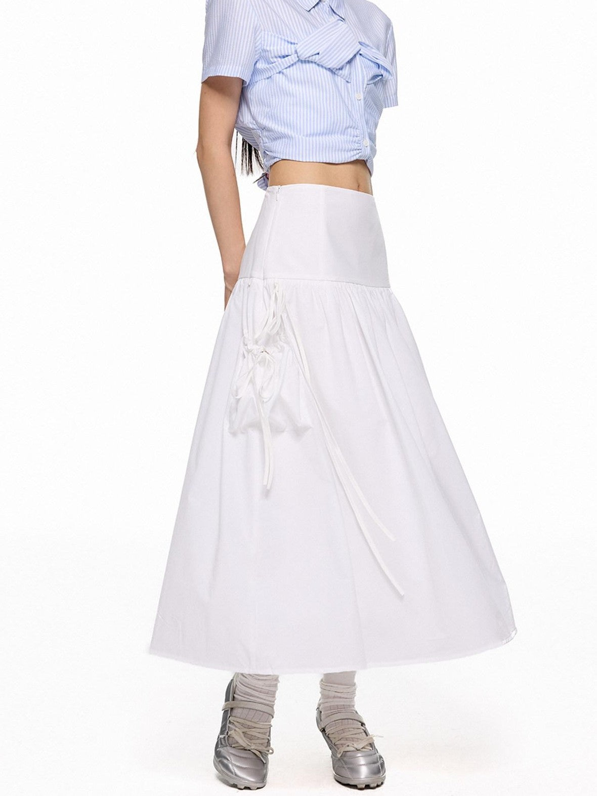 EZEK Flowing White Draped Tie Detail A Line Elastic Waist Women's Maxi Skirts