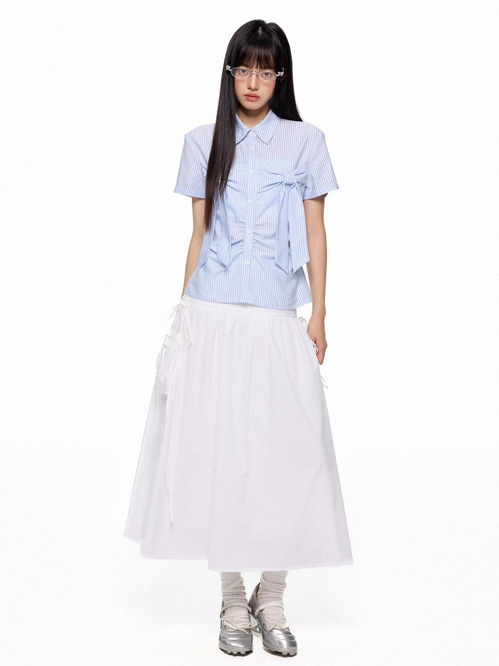 EZEK Flowing White Draped Tie Detail A Line Elastic Waist Women's Maxi Skirts