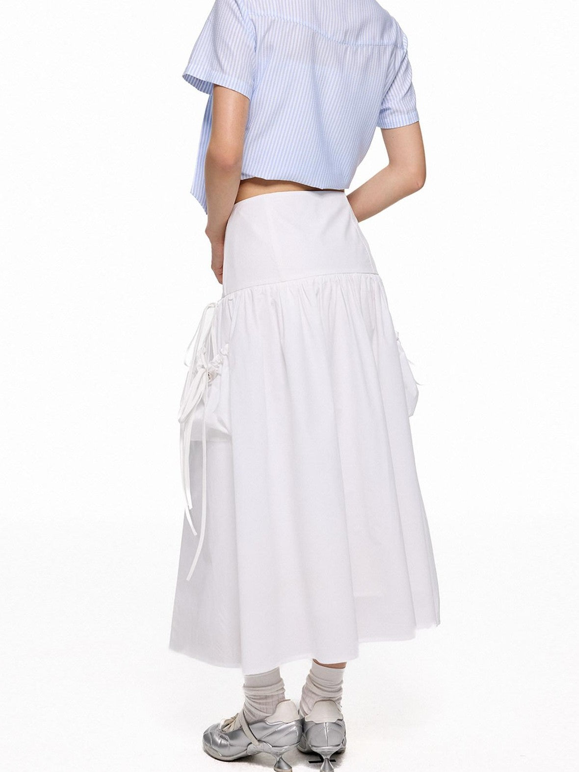 EZEK Flowing White Draped Tie Detail A Line Elastic Waist Women's Maxi Skirts